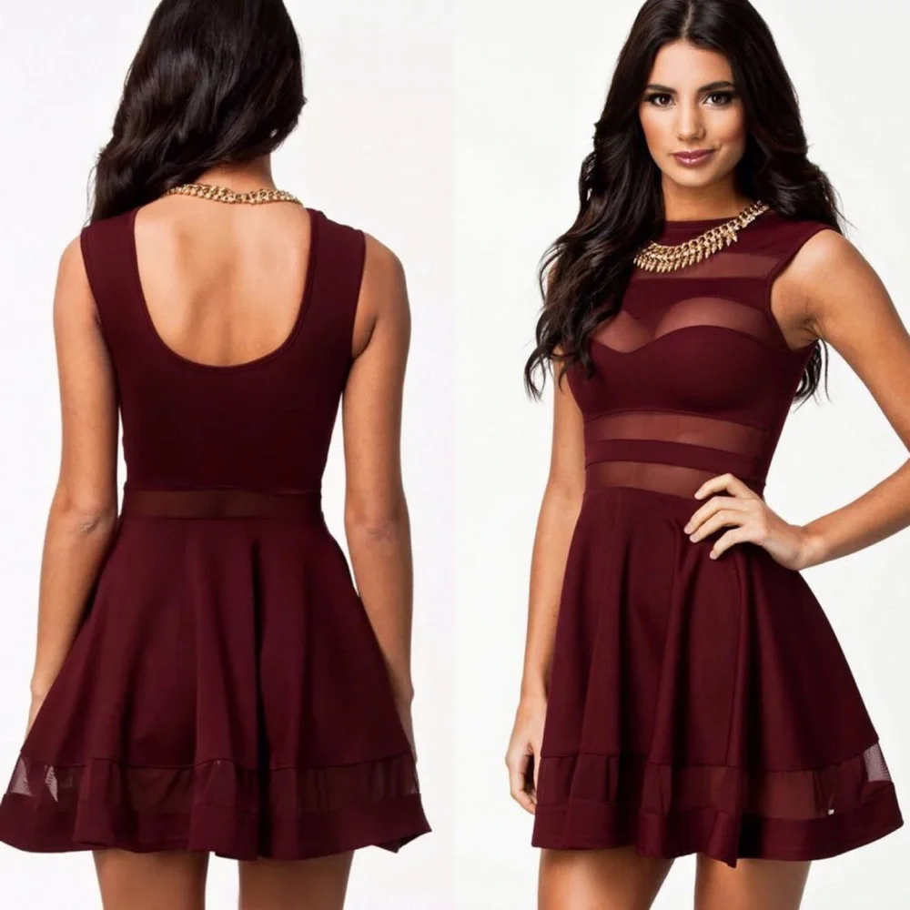 ๐ฅ SALE Sheer Mesh Peekaboo Sleeveless Skater Dress Burgundy - Picture 1 of 4